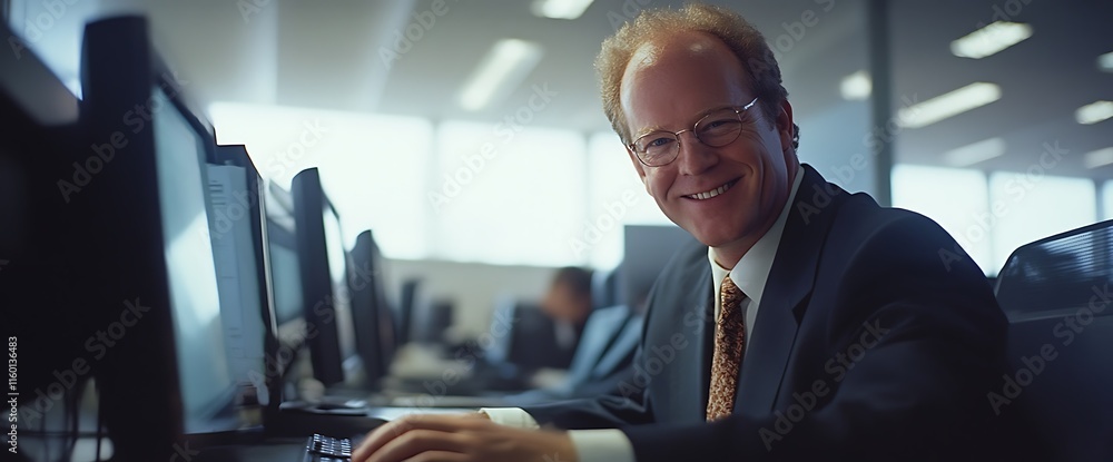 Aufkleber a smiling man in a suit working at a computer in an office environment.