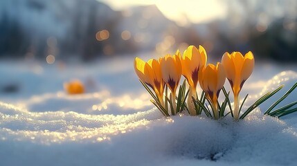 In the cold winter, yellow crocuses bloom in the snow-covered ground. The sun shines on them, and their petals sparkle with golden light. This scene symbolizes hope, the vitality of nature after the i