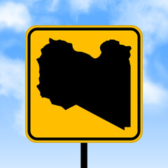 Libya map on road sign. Country map on yellow rhombus road sign. Vector illustration.