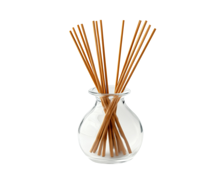A glass vase with wooden sticks inside isolated on a transparent background