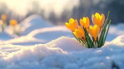 In the cold winter, yellow crocuses bloom in the snow-covered ground. The sun shines on them, and...