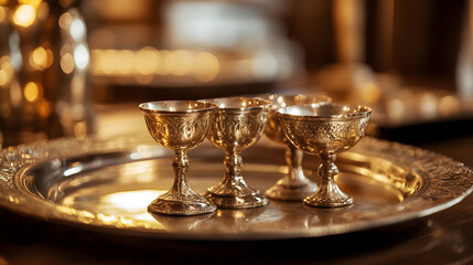 Elegant Silver Goblets with Intricate Designs on a Polished Serving Tray in Warm Candlelight : Generative AI