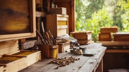 A cozy beekeeping workshop with beekeeping tools and beehives, Beekeeping tools arranged in an apiary setting, Sustainable workshop style