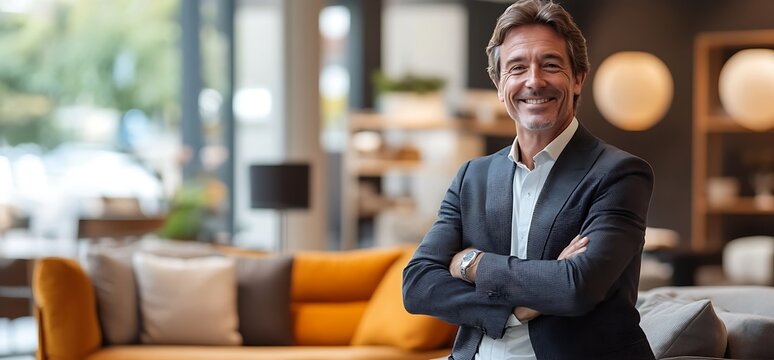 A smiling man stands confidently in a stylish furniture showroom.