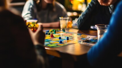 A cozy board game café with tabletop games and refreshments, Board games set up on café tables, Casual café style