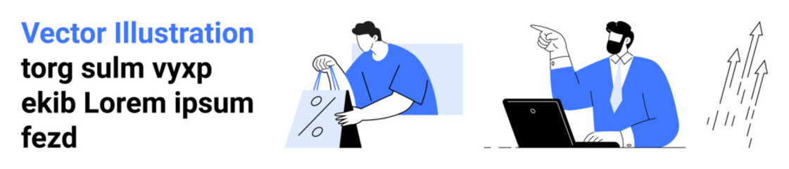 Person shopping with a bag, another working on a laptop pointing at growth arrows. Ideal for business analysis, productivity, shopping, e-commerce, growth, teamwork digital marketing. Landing page