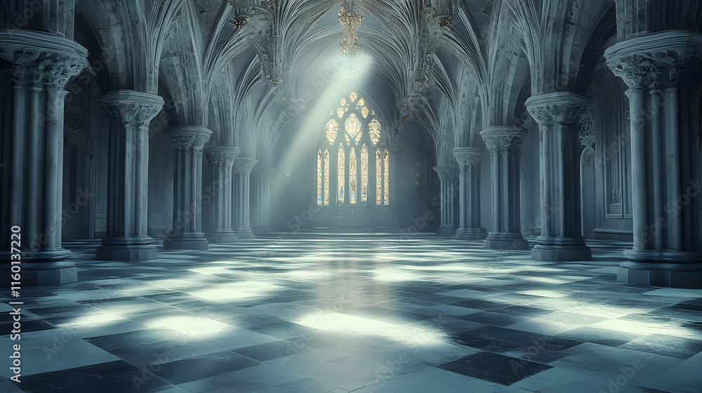 Poster a serene, illuminated gothic hall with intricate architecture and soft light streaming through windo