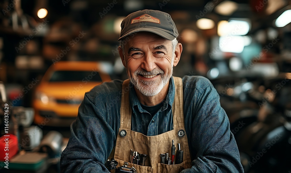 Poster a smiling mechanic in a workshop surrounded by tools and vehicles.