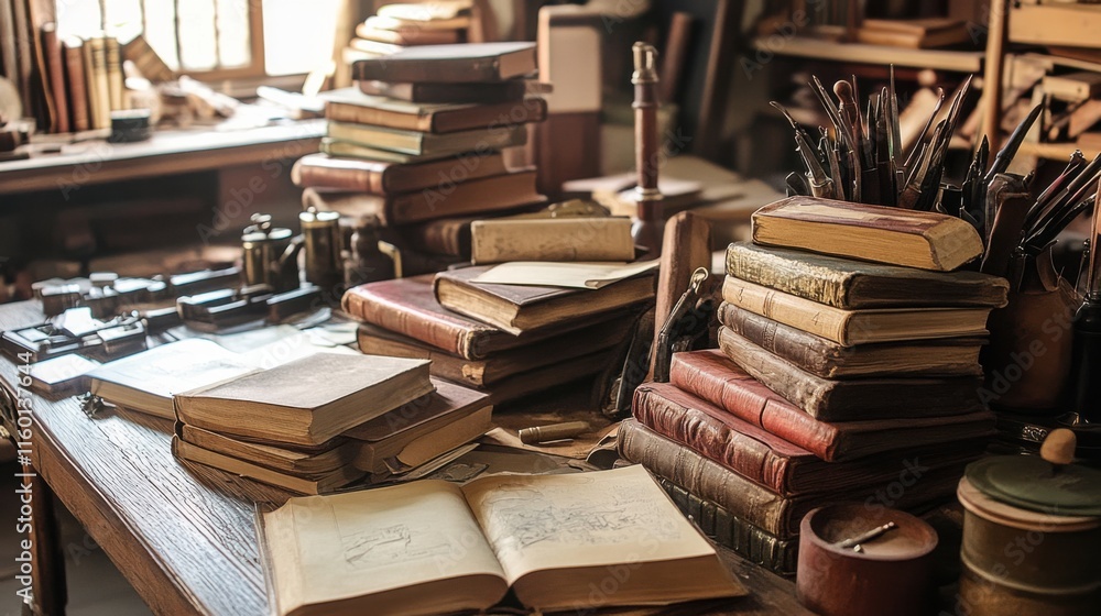 Poster a cozy bookbinding studio with antique tools and stacks of leather-bound books, worktable cluttered 