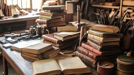 Obraz premium A cozy bookbinding studio with antique tools and stacks of leather-bound books, Worktable cluttered with stitching materials and historical volumes, Vintage artisanal style