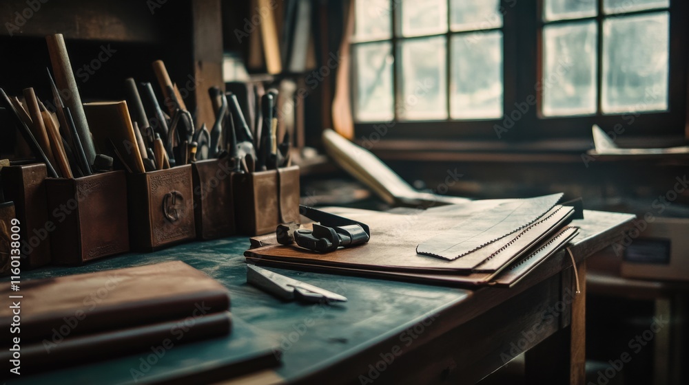 Poster A cozy bookbinding workshop with bookbinding tools and leather, Bookbinding tools arranged on workbenches, Artisanal workshop style