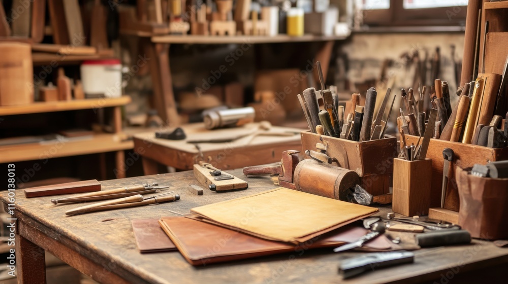 Poster A cozy bookbinding workshop with tools and leather materials, Bookbinding tools arranged on workbenches, Artisanal workshop style