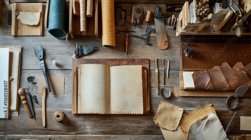 Poster A cozy bookbinding workshop with bookbinding tools and leather, Bookbinding tools arranged on workbenches, Artisanal workshop style