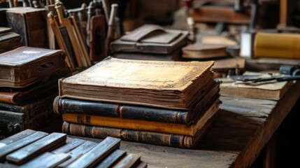 A cozy bookbinding workshop with antique tools, Leather-bound books in various stages of binding, Historical artisan style