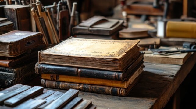 A cozy bookbinding workshop with antique tools, Leather-bound books in various stages of binding, Historical artisan style