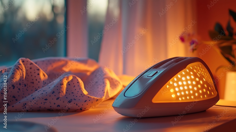 Poster a soft-lit device on a bedside table, creating a cozy atmosphere.
