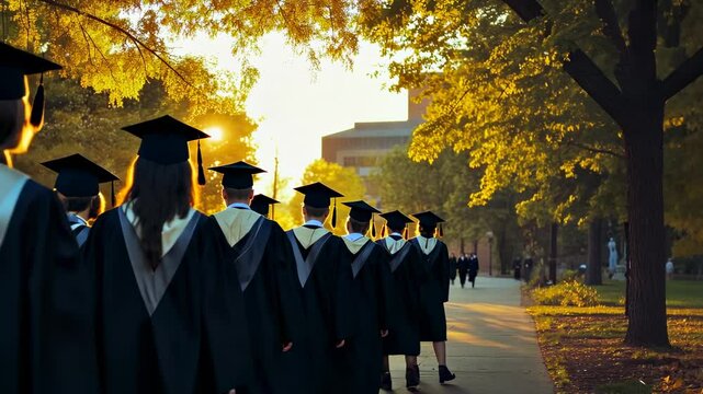A diverse group of students wearing graduation gowns and caps are walking towards the university for their commencement ceremony at sunset, captured from behind with copy space on one side