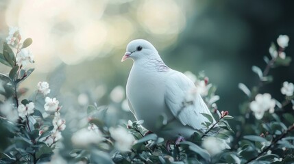Obraz premium White dove perched amidst blossoming white flowers.