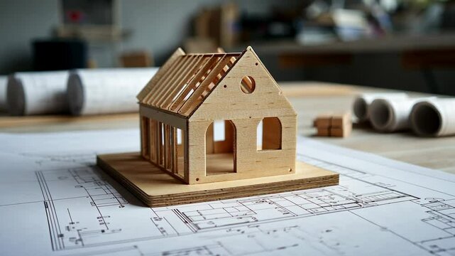 A small wooden house model with construction plans and blueprints in the background, symbolizing home building or real estate development concepts. The design is detailed and realistic,