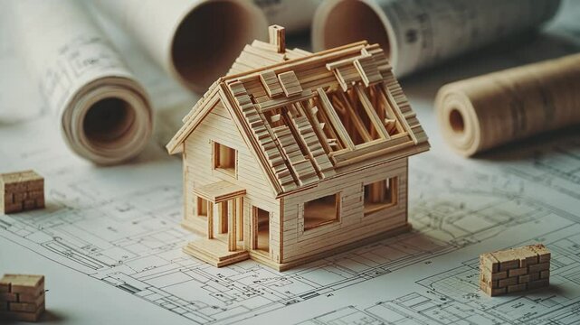 A small wooden house model with construction plans and blueprints in the background, symbolizing home building or real estate development concepts. The design is detailed and realistic,