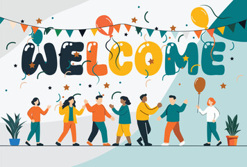 A vibrant Welcome banner for event invites, greeting cards, celebration designs, Welcome parties, networking events, gatherings, school orientations, community events, and Website landing pages.