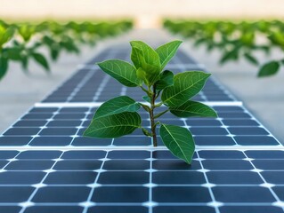 Fototapeta premium AIdriven farm using artificial photosynthesis, glowing bioinspired solar panels absorbing sunlight and powering growth