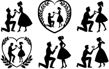 Romantic Couple Silhouette Set - Proposal, Love, and Engagement Poses