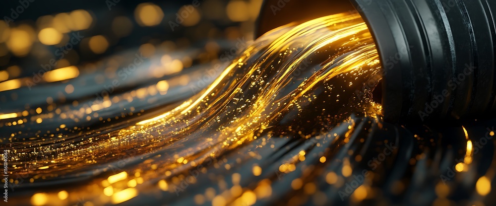 Poster a stream of golden liquid flows from a black pipe, creating a shimmering effect.