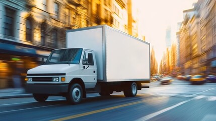 A white box truck moving quickly on the street in a big city, with a motion blur effect and a blurred background. Daylight. Photorealistic. 
