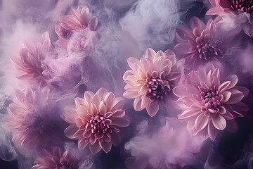 pink and purple chrysanthemums in muted colors with mauve smoke autumn color scheme