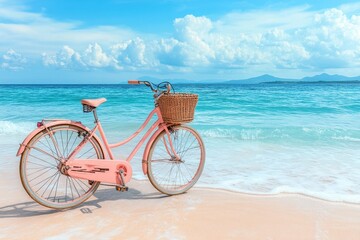 Fototapeta premium Pink bicycle on a sandy beach near turquoise ocean waves. Ideal for travel, summer, and vacation themes.