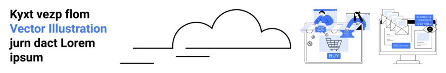 Fototapeta premium Cloud symbol with two side panels one depicting e-commerce analytics and another illustrating data-driven marketing. Ideal for cloud computing, e-commerce, data analysis, digital marketing