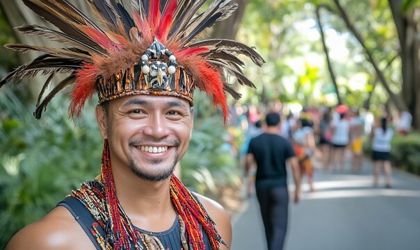 Smiling man wearing traditional headdress.