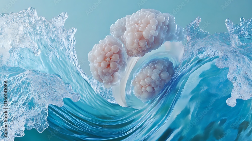 Poster a stylized depiction of bubbles and waves, blending nature and abstraction.