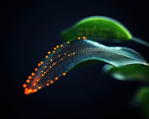 Abstract concept of artificial photosynthesis, glowing energy pathways and biomimicry in a sleek futuristic design