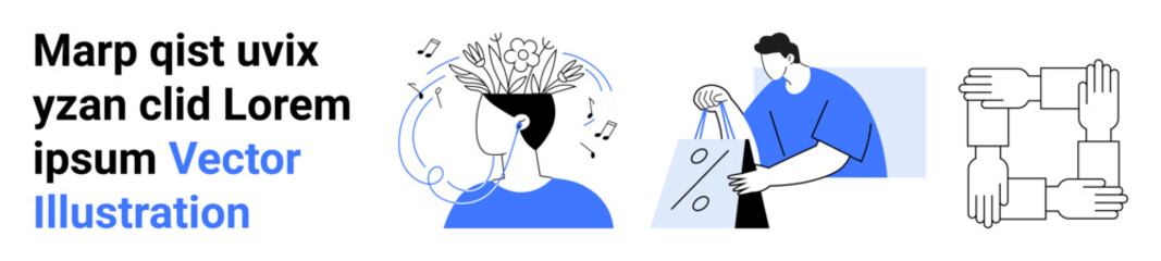 Person with ideas emerging from head, man carrying shopping bags, hands forming a square symbolizing unity. Ideal for creativity, retail, teamwork, marketing, modern ideas, conceptual art UIUX