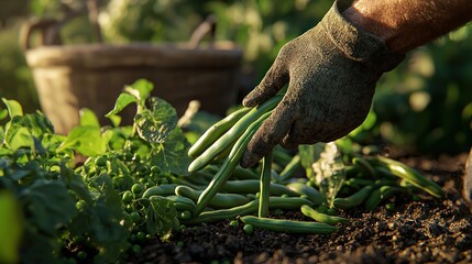Naklejka premium Farmer's hand harvesting fresh green beans and peas from garden soil.