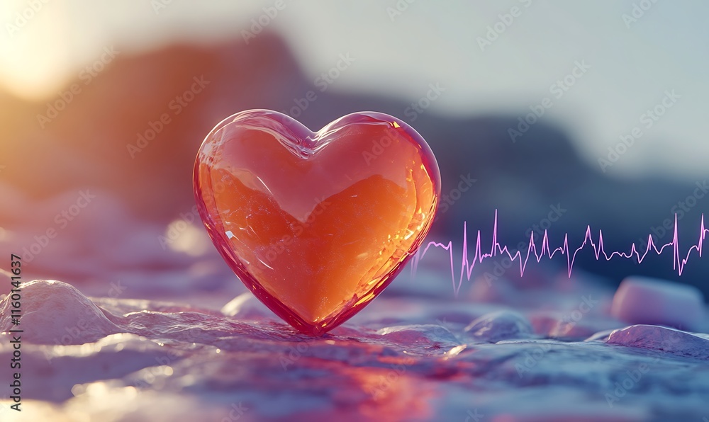 Poster a translucent heart-shaped object on a surface with a heartbeat line graphic.