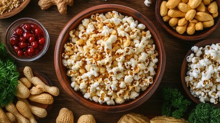 Buttery popcorn in a wooden bowl, perfect snack. Ideal for movie night, game day, or any occasion.