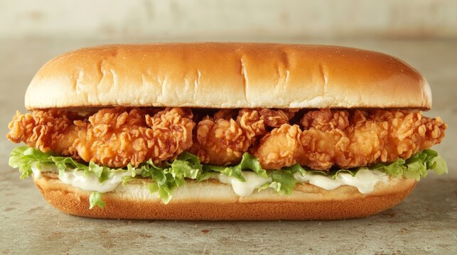 Crispy fried chicken sandwich with lettuce and mayo on a soft bun