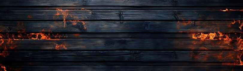  Dark wooden background with burning flames. Wooden wall, table, or floor with glowing fire and embers. Dark wood texture.