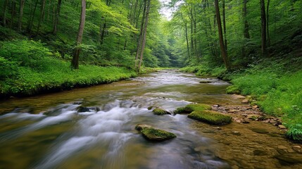 A serene river flows through a lush green forest, showcasing nature's tranquility and beauty.
