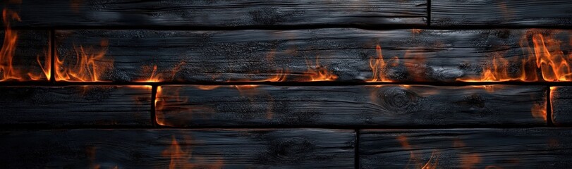  Dark wooden background with burning flames. Wooden wall, table, or floor with glowing fire and embers. Dark wood texture.