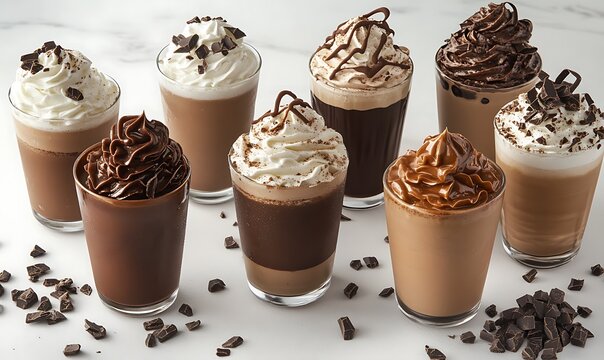 A variety of delicious chocolate beverages topped with whipped cream and chocolate.