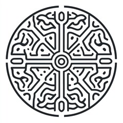 Circular abstract black and white line art mandala design.