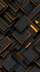 The image is a black and orange abstract design featuring squares and rectangles. The squares are black and the rectangles are orange, creating a striking contrast between the two colors