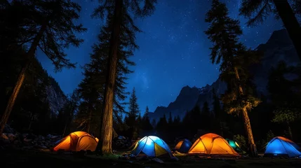 Zelfklevend Fotobehang A cozy camping site under a starry night sky, Tents nestled among towering trees, Atmospheric wilderness theme © ArpPSIqee