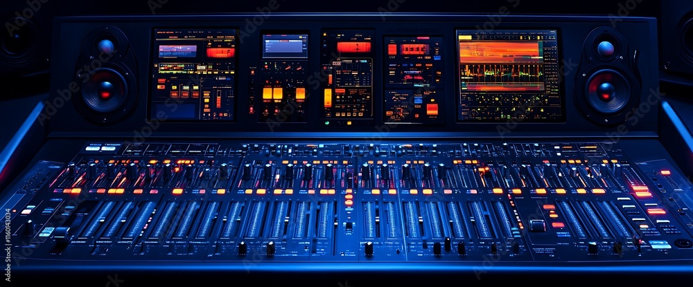 Poster a vibrant audio mixing console with illuminated controls and displays.