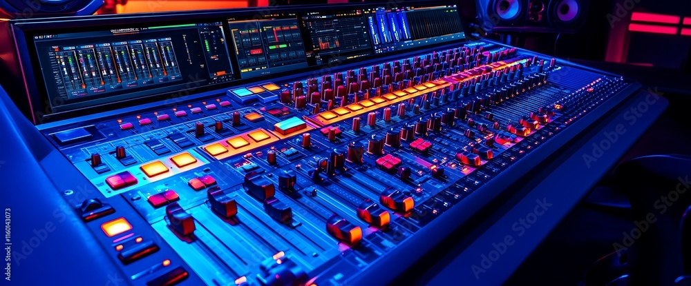 Aufkleber a vibrant audio mixing console with illuminated controls in a studio setting.