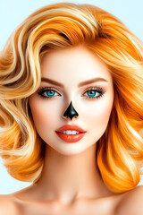 Fototapeta premium A woman with blonde hair and a red face with a black nose and a black eye. She is smiling and has a bright orange hair